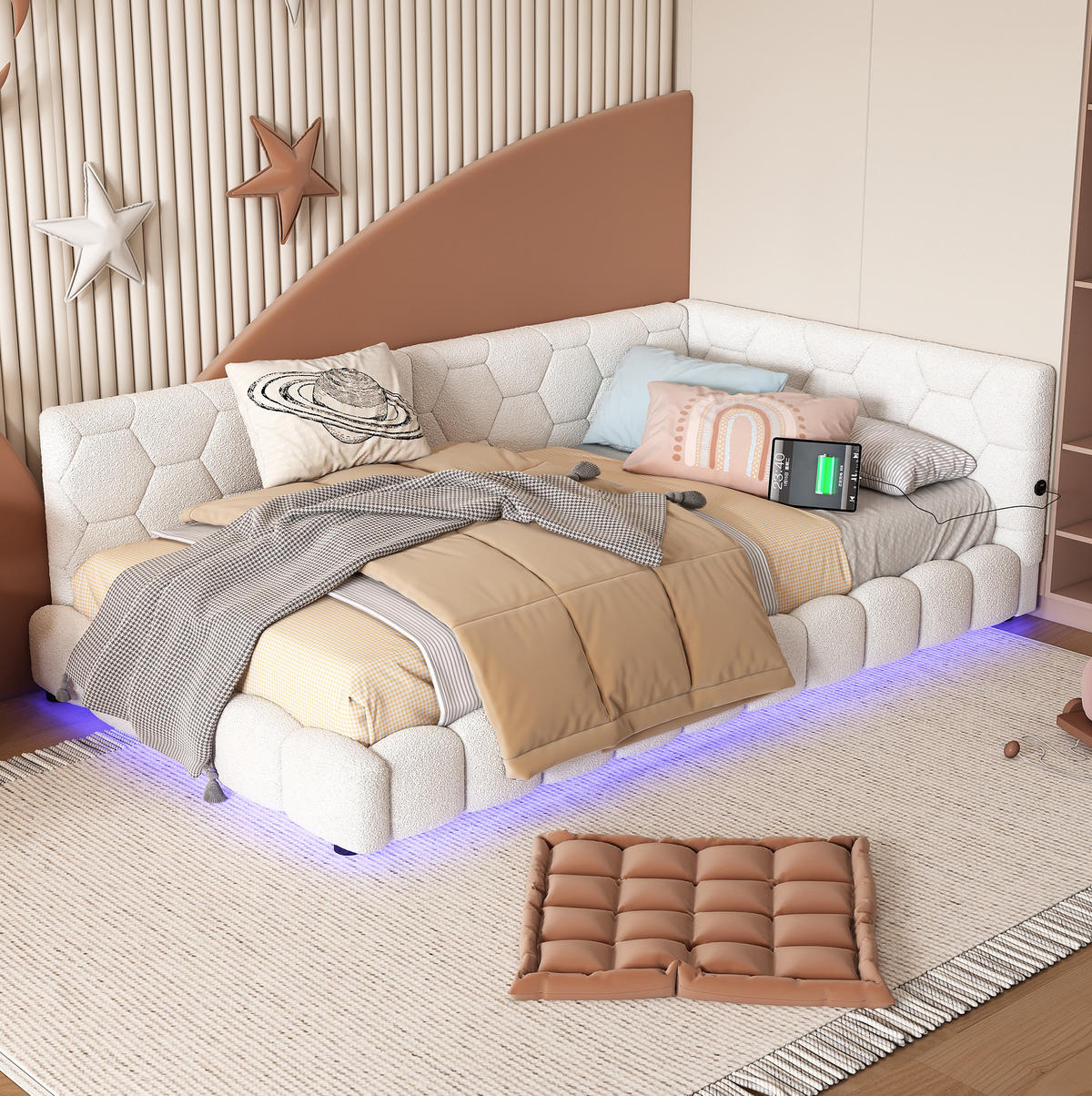 POLSTERBETT 90/200 cm Weiß mit LED-Beleuchtung und USB- und Type-C-Anschlüssen - Weiß, Textil (90/200cm) - Flora Grace