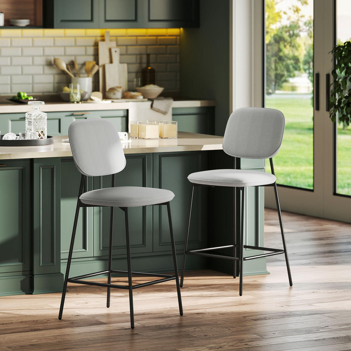 2ER-SET Barhocker, Bistrohocker mit Fußstütze, Samt-Bezug Stahlbeinen Hellgrau - Hellgrau/Schwarz, Textil/Metall (45/102/49cm) - HOMCOM