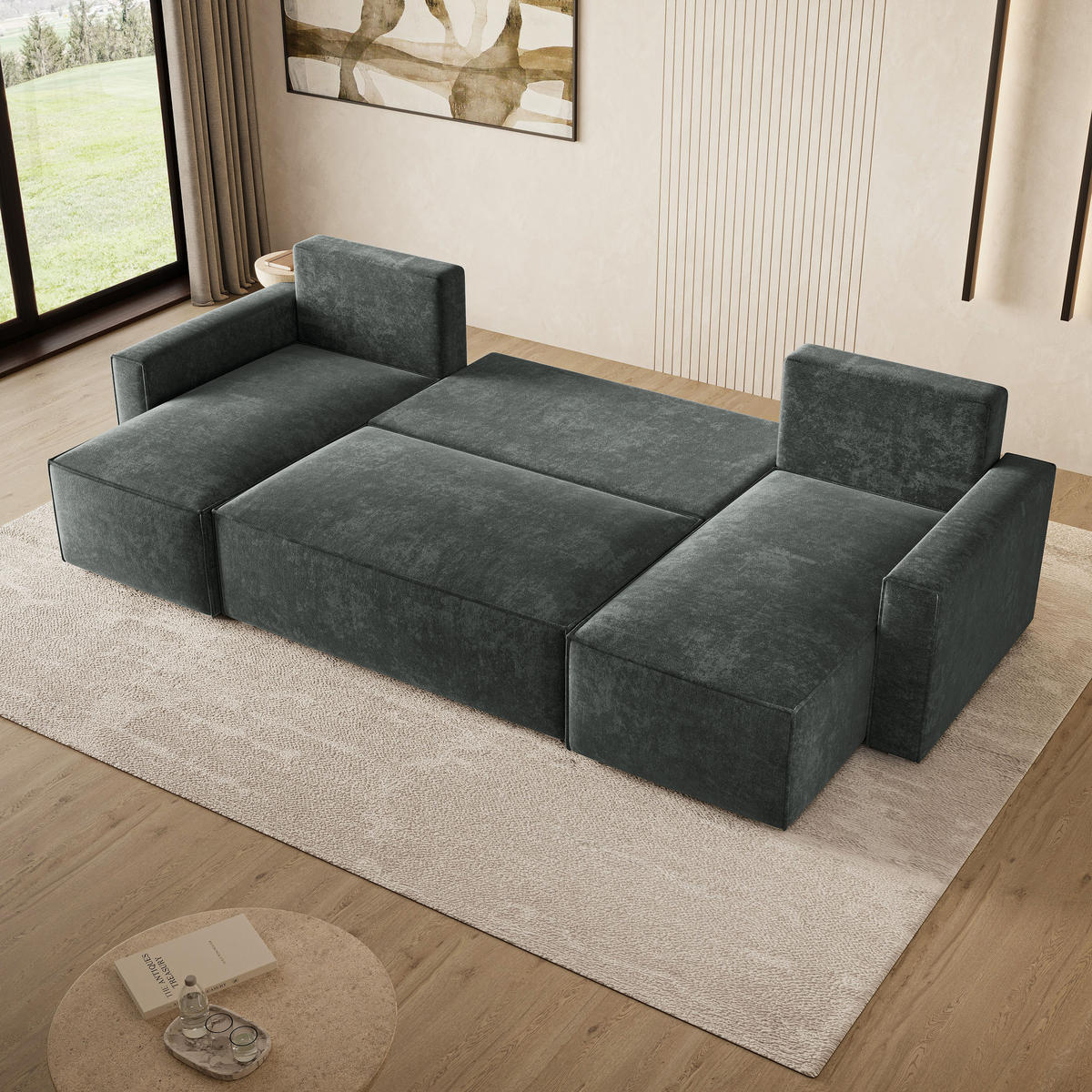 WOHNLANDSCHAFT ASPRA LM Grau Chenille mit Schlaffunktion - Dunkelgrau, Holz (295/85/140cm) - MASSENO