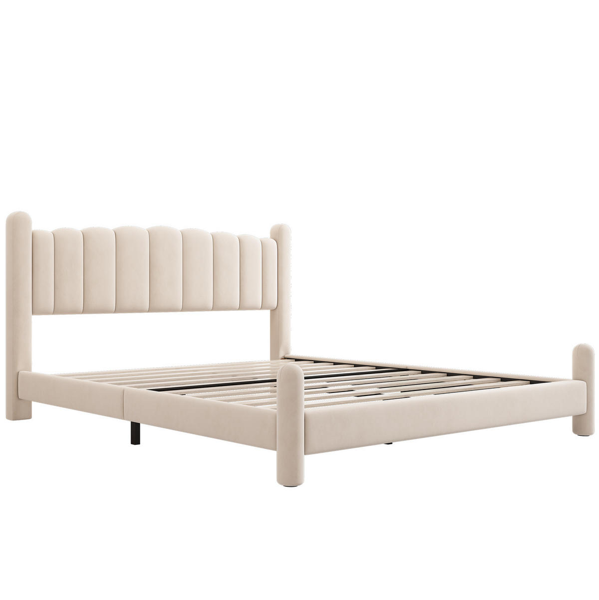POLSTERBETT aus Samt 160x200 cm Beige mit Lattenrost, Wellen-Kopfteil und zylindrischen Beinen - Beige, Textil (160/200cm) - Modfu