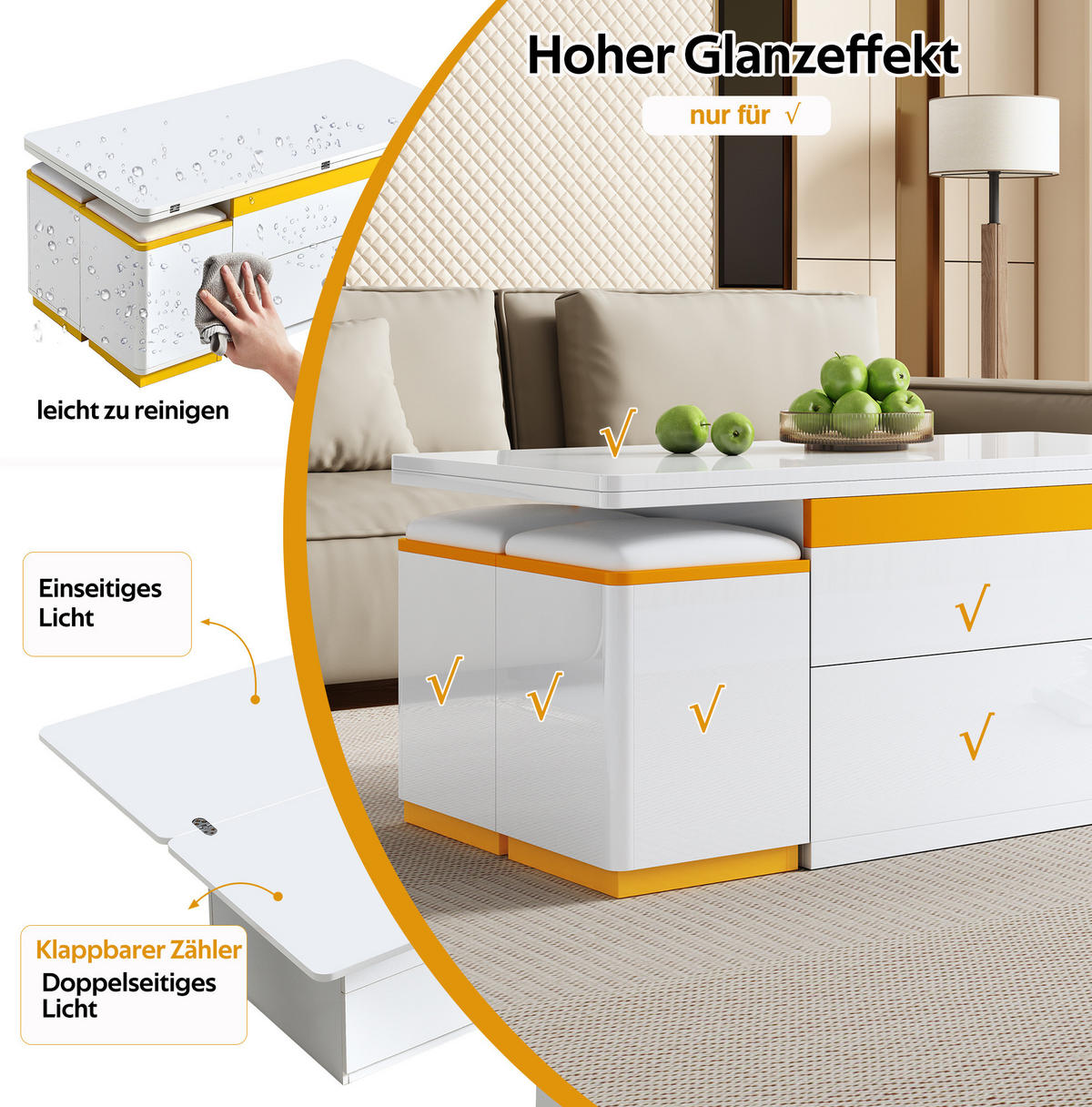 KONFERENČNÍ stolek 100/50/43 cm bílá a žlutá z MDF a dřevotřísky s výklopnou deskou - bílá, kompozitní dřevo (100/50/43cm) - OKWISH