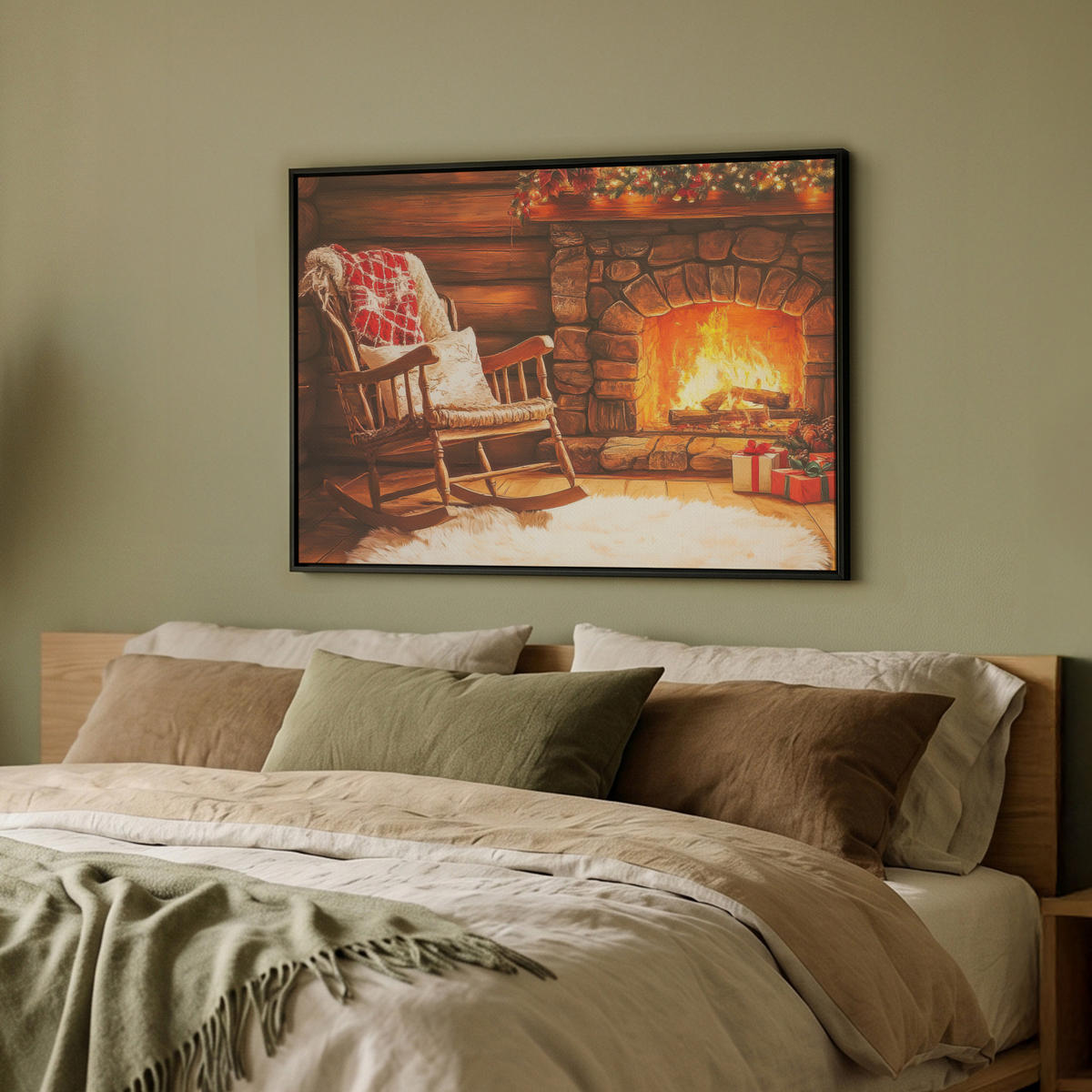 LEINWAND Bilder mit Rahmen - Winter - Weihnachten - Zuhause - Kamin - 70x50 - Bernsteinfarben, Textil (70/50cm) - MuchoWow
