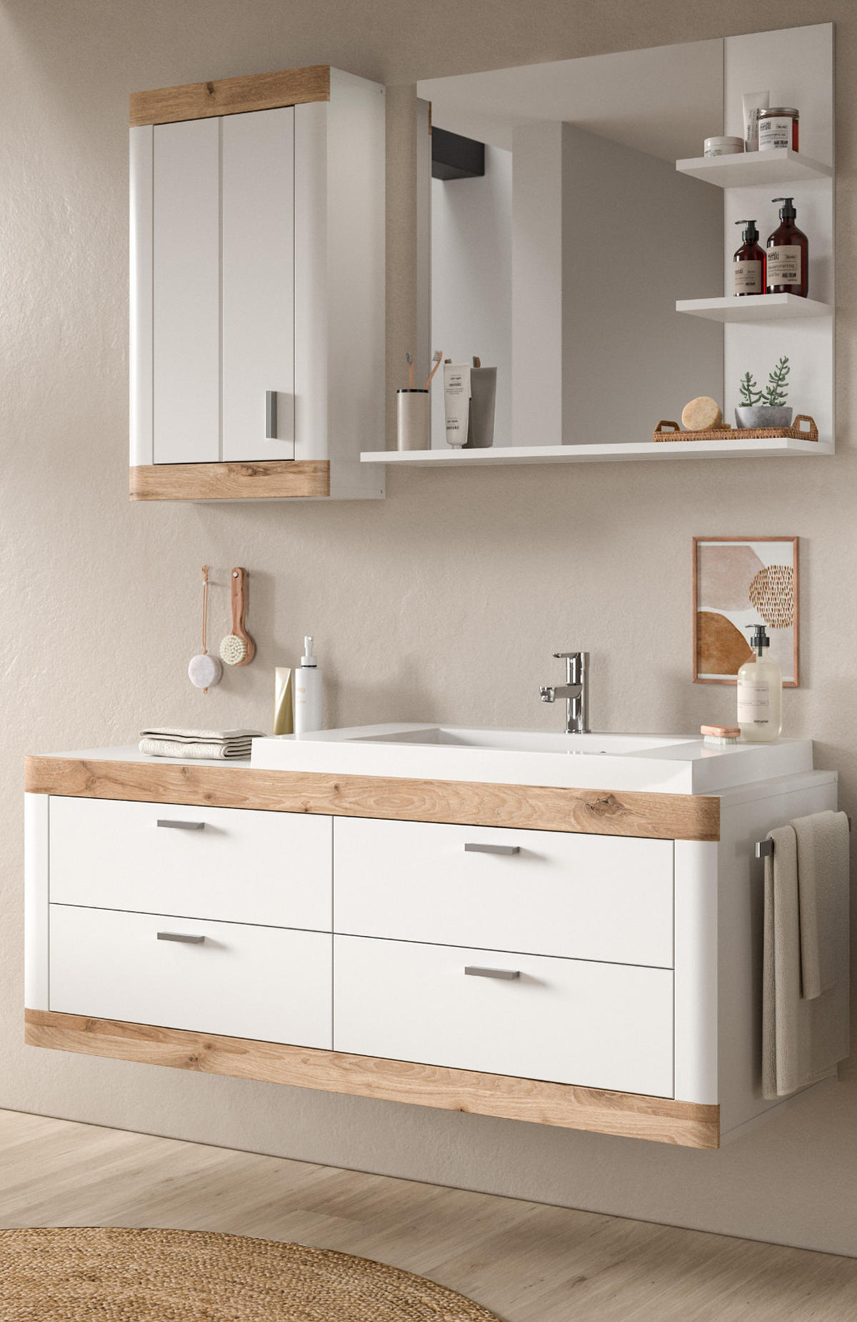 BADMÖBEL-SET 4-teilig weiß, Eiche 133 cm, Badschränke mit Waschbecken - Eichefarben/Weiß, Glas/Keramik (132/172/48cm) - Inn.Furn