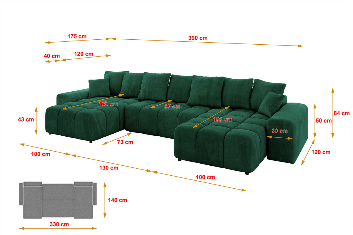 WOHNLANDSCHAFT ENIL-U 390x175x84 Dunkelgrün Velours - Dunkelgrün, Holzwerkstoff/Kunststoff (390/84/175cm) - ALTDECOR