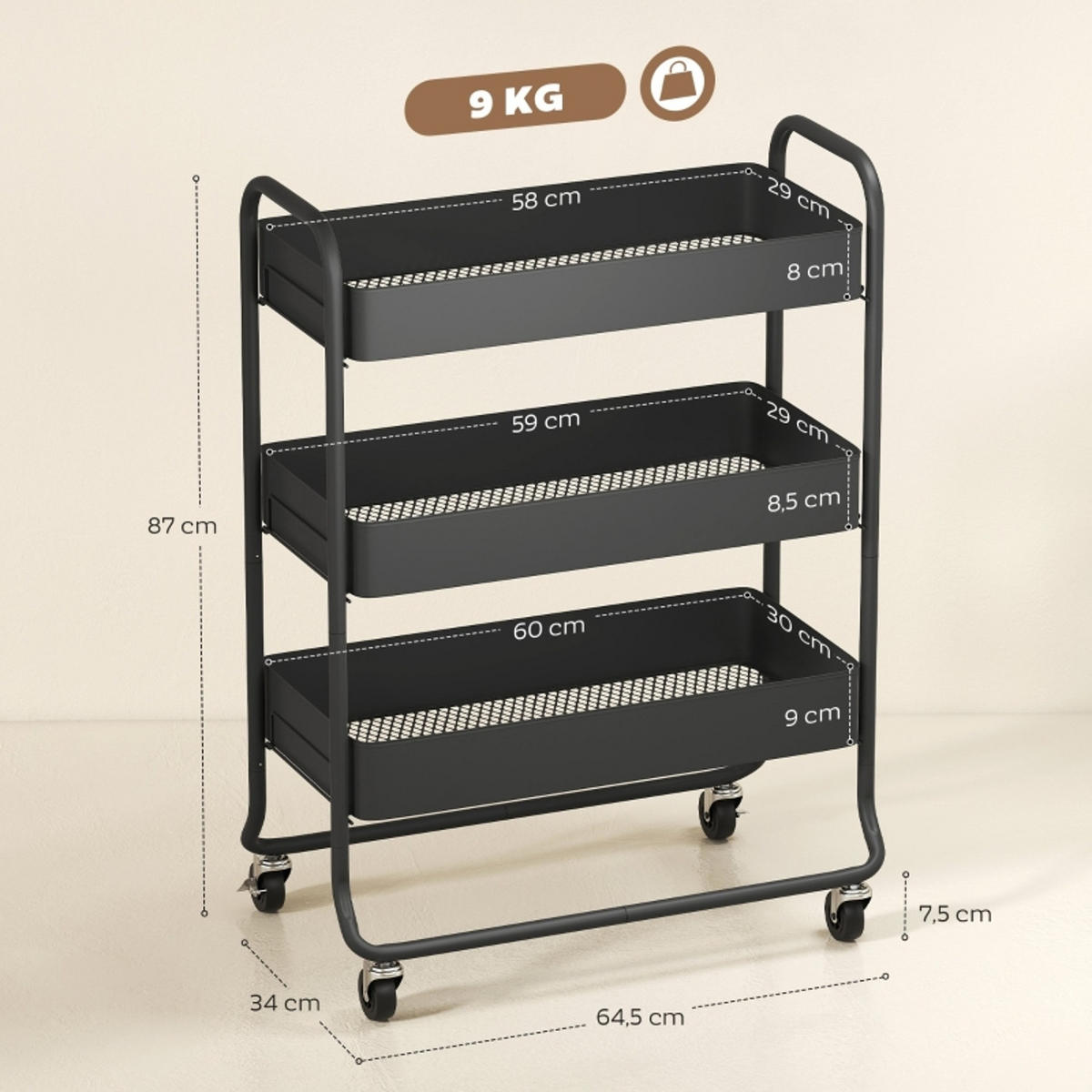 KÜCHENWAGEN Metall Schwarz, ROLLWAGEN MIT 3 KÖRBEN, Für Küche Und Wohnzimmer - Schwarz, Holzwerkstoff (34/87/64.5cm) - Rolipo