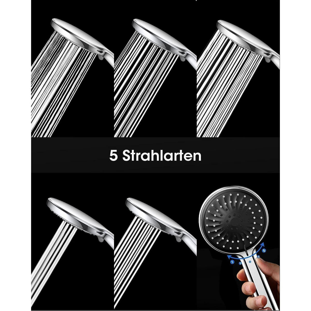 DUSCHKOPF mit 5 Strahlarten und Wassersparfunktion 120 mm Schwarz - Silberfarben, Metall (4.3/12.7/28.5cm)