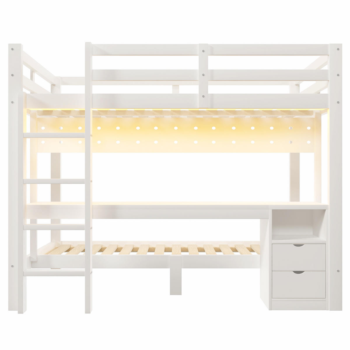 HOCHBETT 140/200 cm & 90/200 cm in Weiß mit Schubladen, Schreibtisch, Lochplatte und LED - Weiß, Holz/Holzwerkstoff (140/200cm) - CHICFURN
