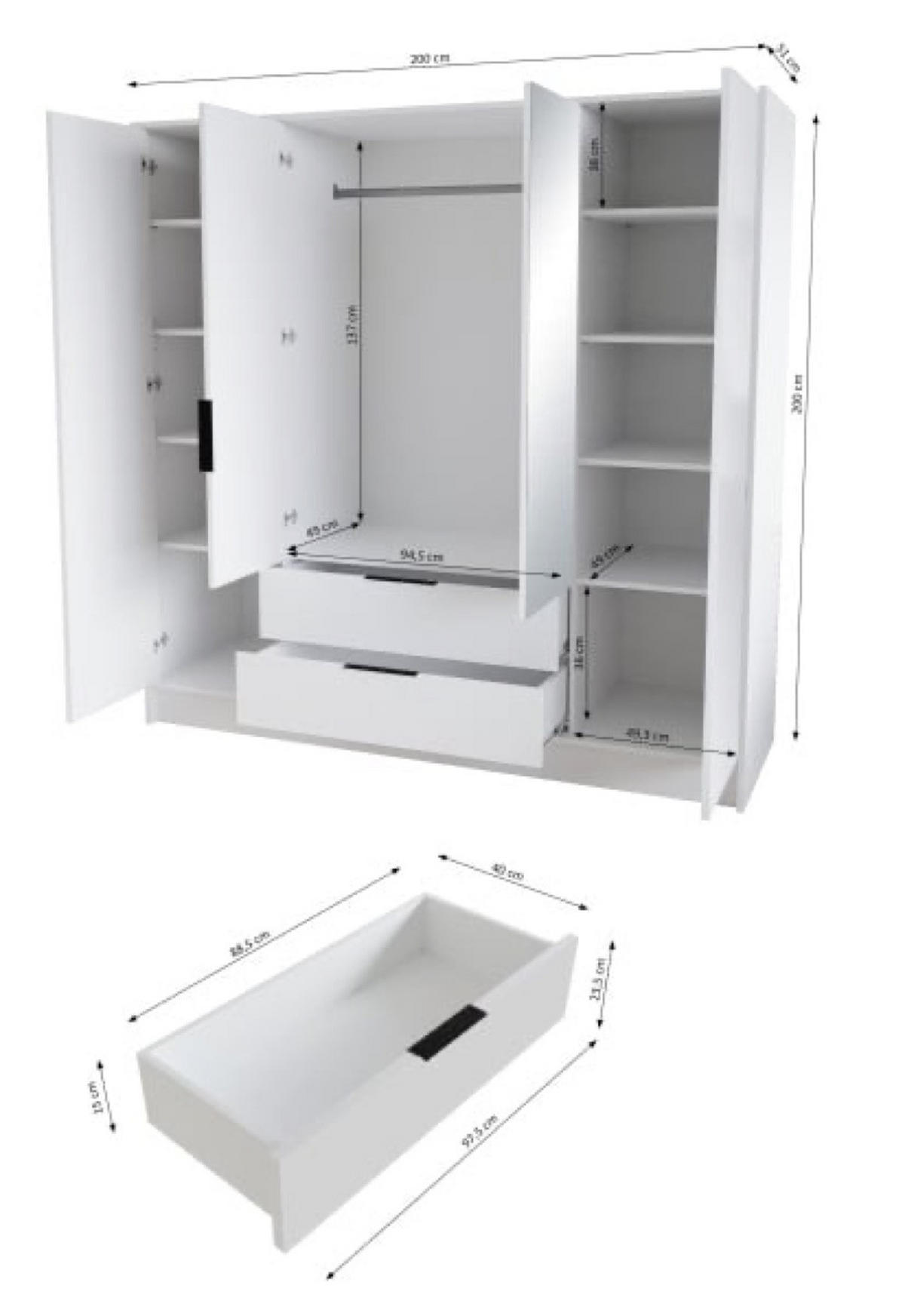 SCHRANK Weiß Nikola Mit Verstellbaren Regalen Schwarz Front - Schwarz/Weiß, Holzwerkstoff (200/200/51cm) - Sepro Meble