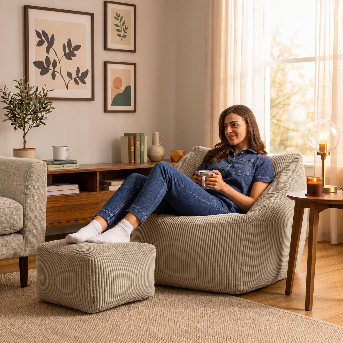 SITZSACK Cord Sessel Natalia mit Hocker - Beige, Textil (97/73/84cm) - icon