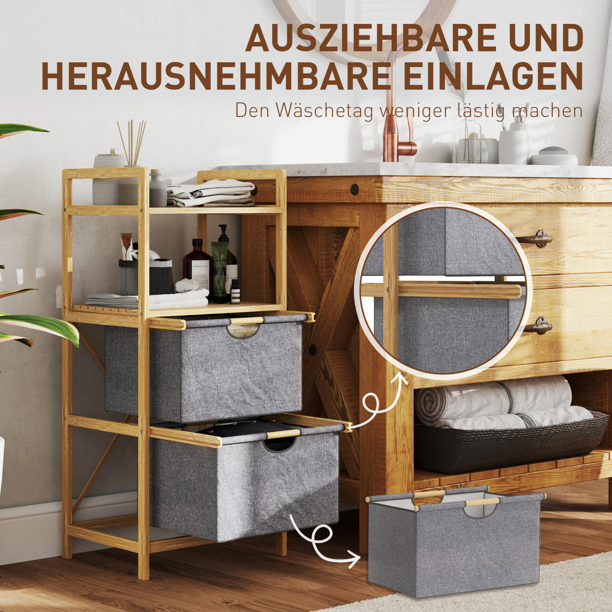 BADEZIMMERREGAL 44x34x96 cm Natur mit 2 Stoffkörben & zweistufigem Design - Naturfarben, Naturmaterialen (44/96/34cm) - Modfu