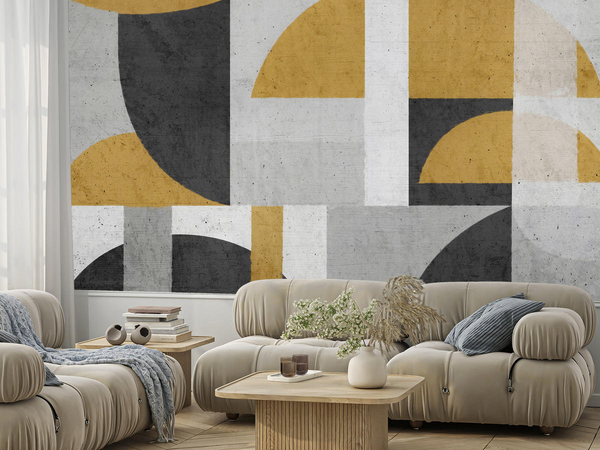 FOTOTAPETE für Wohnzimmer Abstrakte Geometrische Muster Formen 300x210 - Gelb/Schwarz, Papier (300/210cm) - Muralo