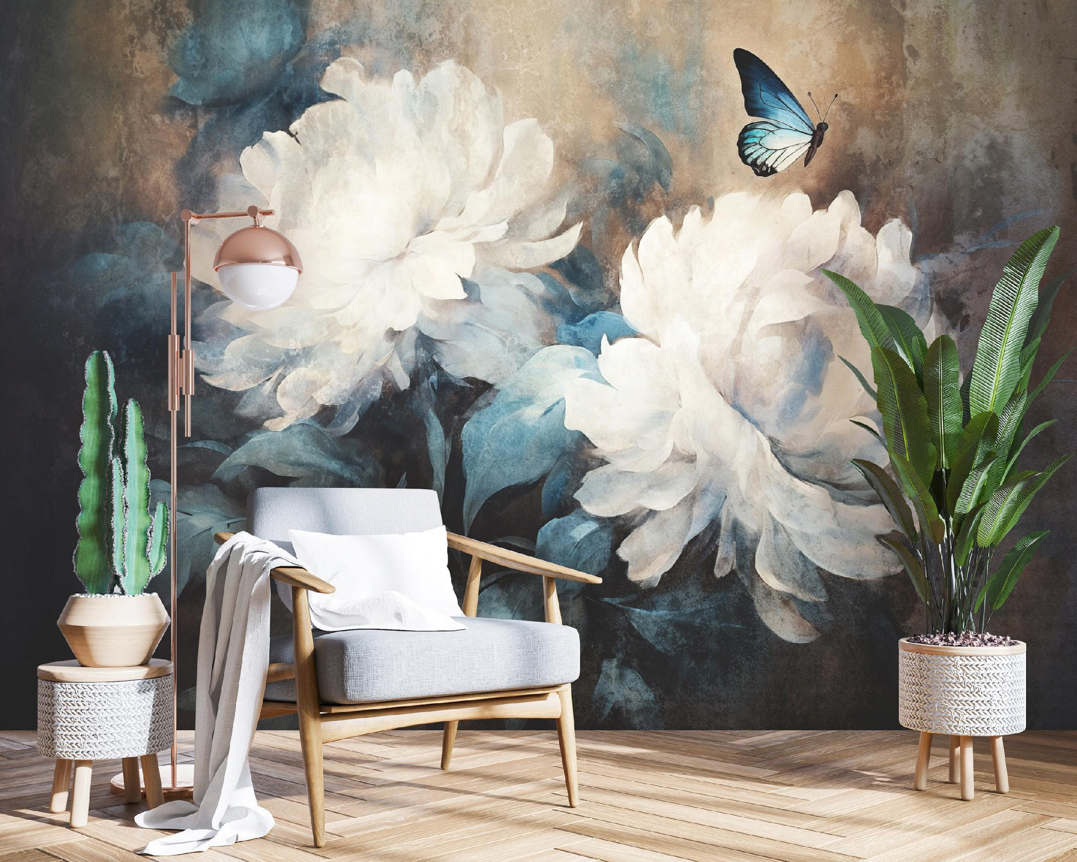 FOTOTAPETE Blumen Beton Vintage Schlafzimmer 200x140 - Beige, Papier (200/140cm) - Wallarena