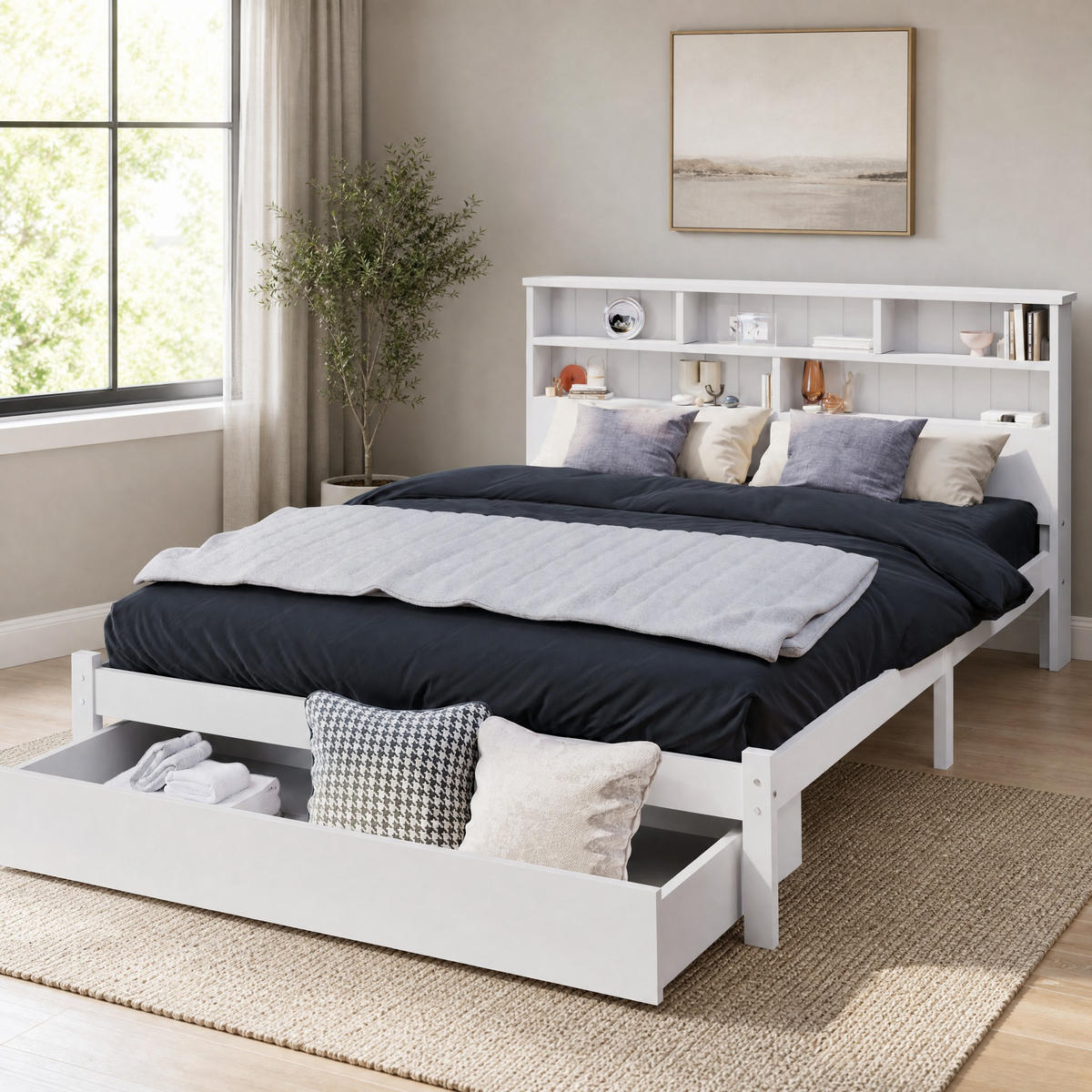 BETT 140/200 cm in Weiß mit 2 Schubladen und Regal Massivholz Design - Beige/Weiß, Holzwerkstoff (140/200cm) - STILVORA
