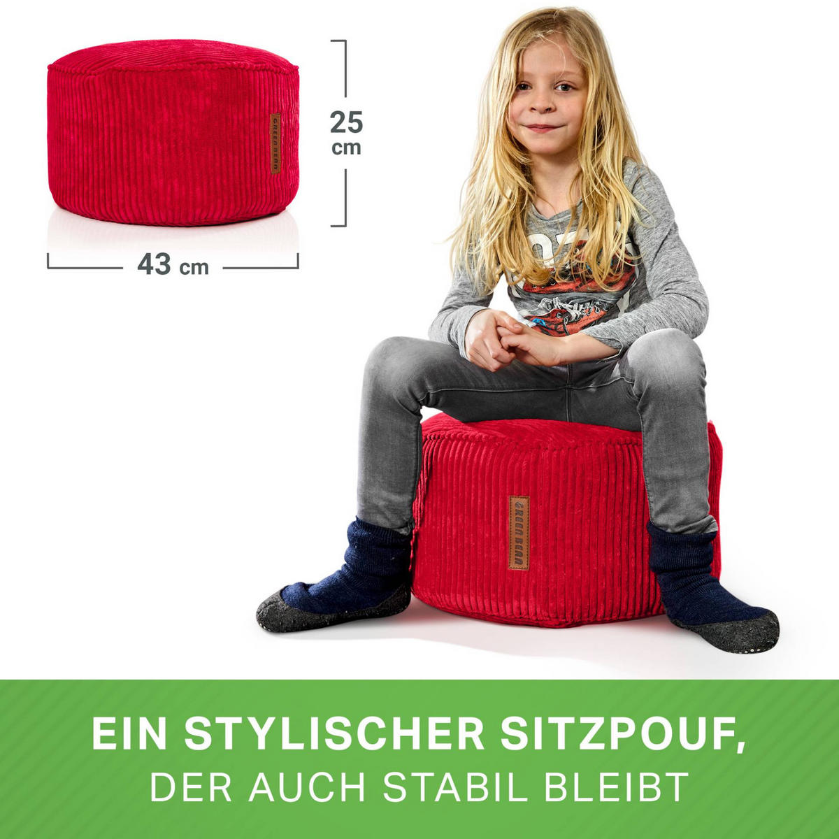 SITZSACK-HOCKER Pouf "Cord" 45x25cm - Rot, Textil (45/25/45cm) - Green Bean