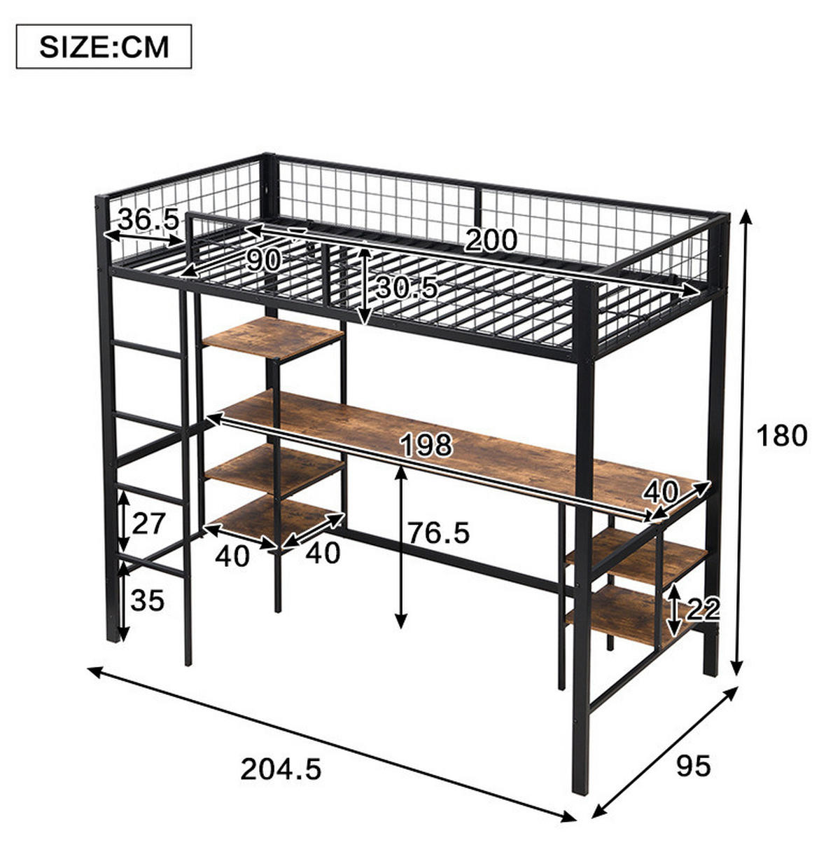 HOCHBETT 90/200 cm aus Metall und Holzwerkstoff mit Schreibtisch und Regal - Schwarz, Metall (90/200cm) - Flora Grace