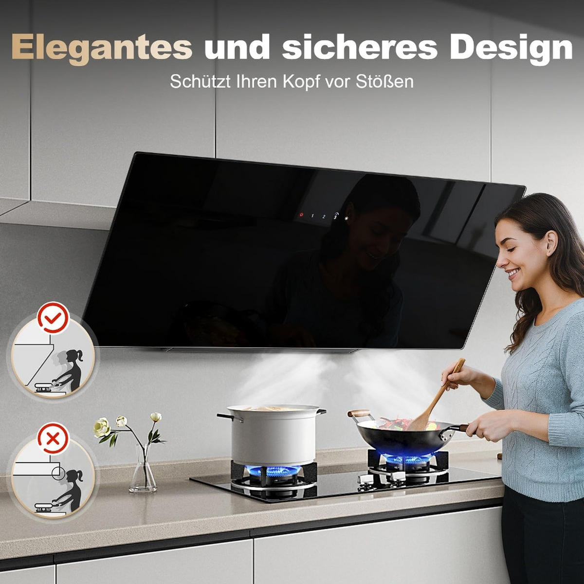 DUNSTABZUGSHAUBE Kopffreihaube, TOUCHSCREEN, UMLUFT UND ABLUFT, Schwarz Glas, Wandhaube, 90 cm - Schwarz, Metall (35.1/44.5/95.4cm) - Rolipo