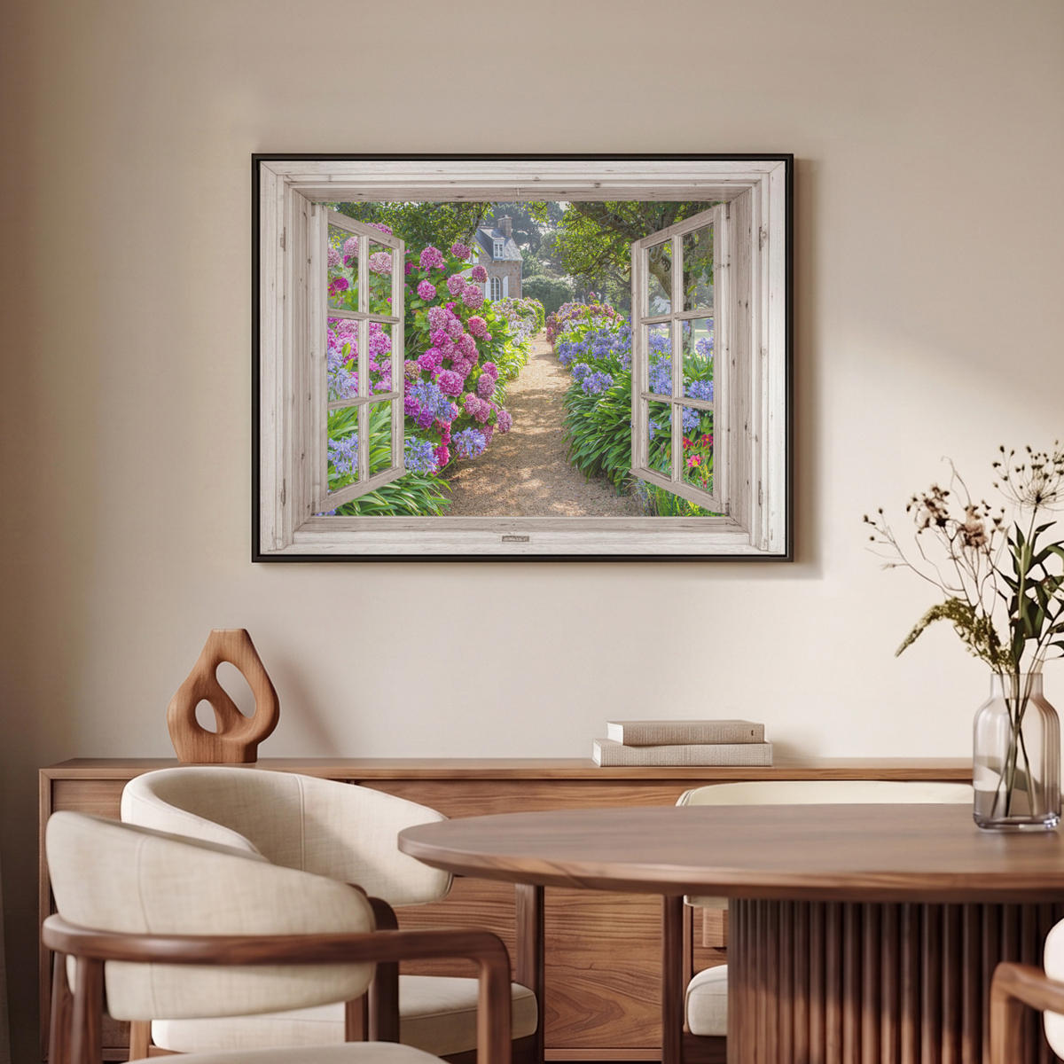 LEINWAND Bilder mit Rahmen - Hortensie - Durchsichtig - Blumen - Sommer - Lila - Weg - 70x50 - Lila, Textil (70/50cm) - MuchoWow