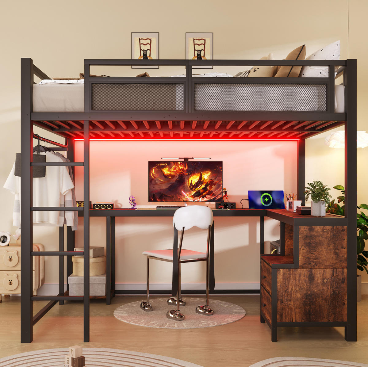 HOCHBETT 140x200 cm in Schwarz mit Schreibtisch, LED-Beleuchtung und USB-Ladestation - Schwarz, Metall (140/200cm) - IVMEU
