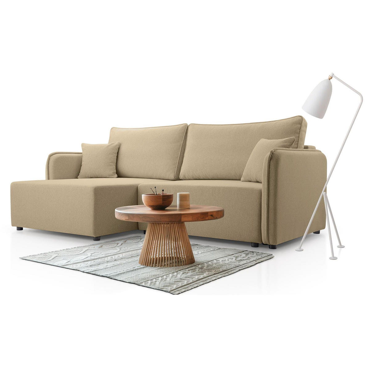 ECKSOFA Kassian, Beige Strukturstoff, linksseitig - Beige/Schwarz, Kunststoff/Textil (227/147cm) - Selsey