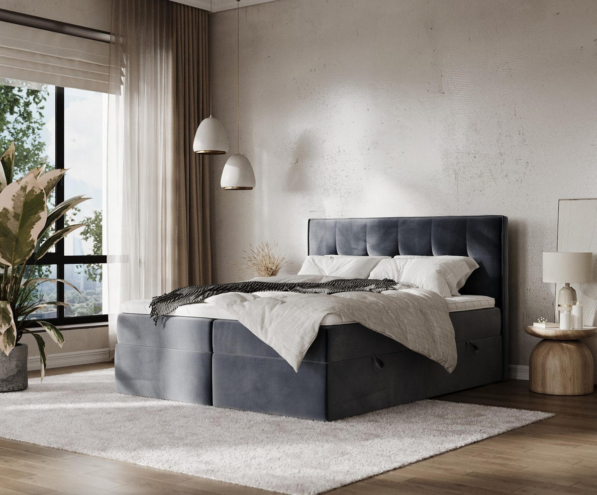 BOXBETT Mireo 140/200 cm Dunkelgrau im Kronos Stoff - Dunkelgrau/Schwarz, Holz/Holzwerkstoff (140/200cm) - AltaBeds