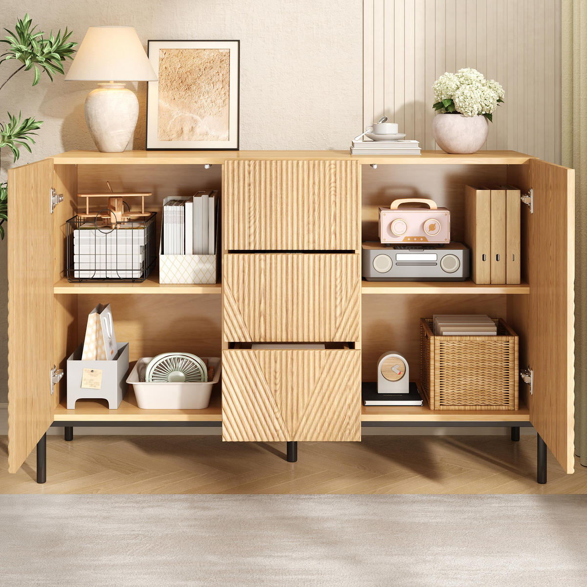 SIDEBOARD 2 Türen Schublade Stauraum modern - Naturfarben, Holz (115.5/76/40cm) - LEBENLANG