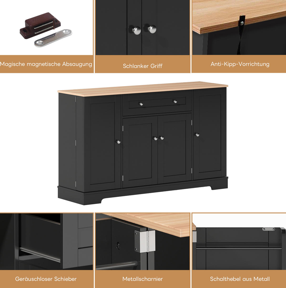 KOMODA, 138 cm, MDF, černá, s úložným prostorem a pojistkou proti překlopení - černá, kompozitní dřevo (138/85/40cm) - BEAOK