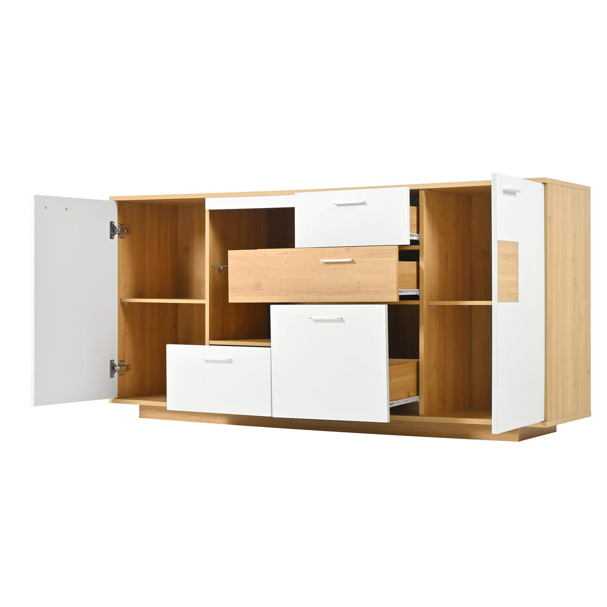 SIDEBOARD 160/40/77 cm, 2 Türen und 4 Schubladen, Holzoptik/Weiß mit einstellbarer 16-farbiger LED，Naturfarben - Naturfarben, Holzwerkstoff (160/77/40cm) - Redom