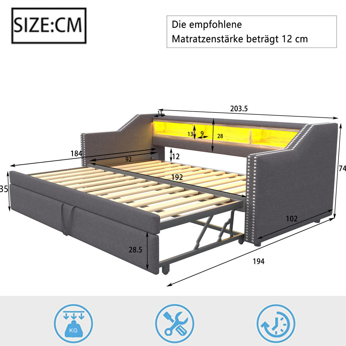 SCHLAFSOFA aus Leinenstoff 90/180x190 cm Dunkelgrau mit Ausziehbett, LED und USB-Anschluss - Dunkelgrau, Textil (90/190cm) - IVMEU