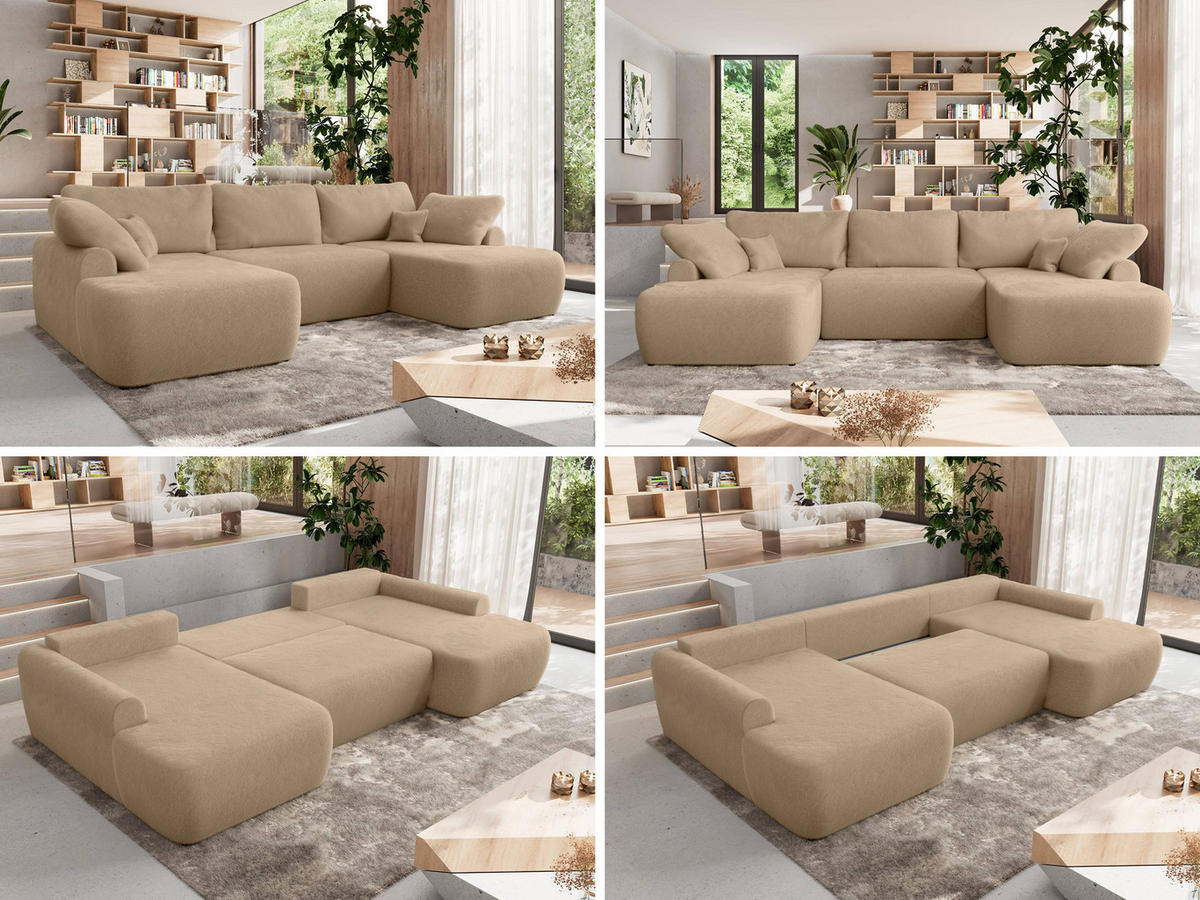 WOHNLANDSCHAFT CUBO U Beige Plüsch - Beige/Schwarz, Kunststoff/Textil (370/100/187cm) - MKS