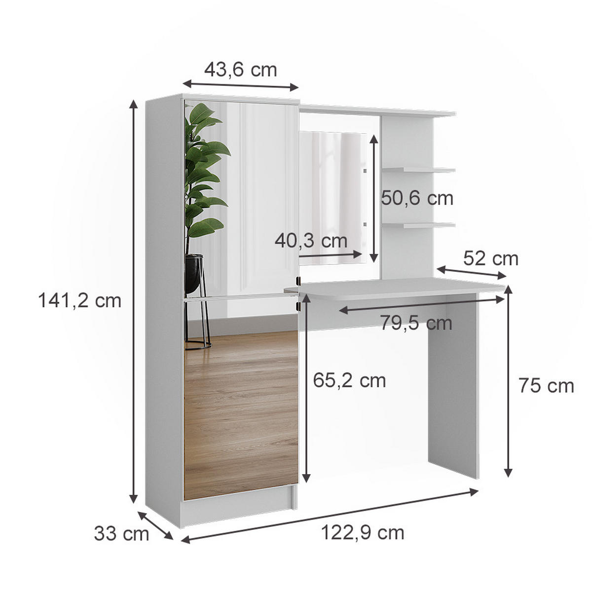 FRISIERKOMMODE Jasmin Weiß 122.9 cm mit Spiegel - Weiß, Holzwerkstoff (123/141.2/33cm) - Vicco