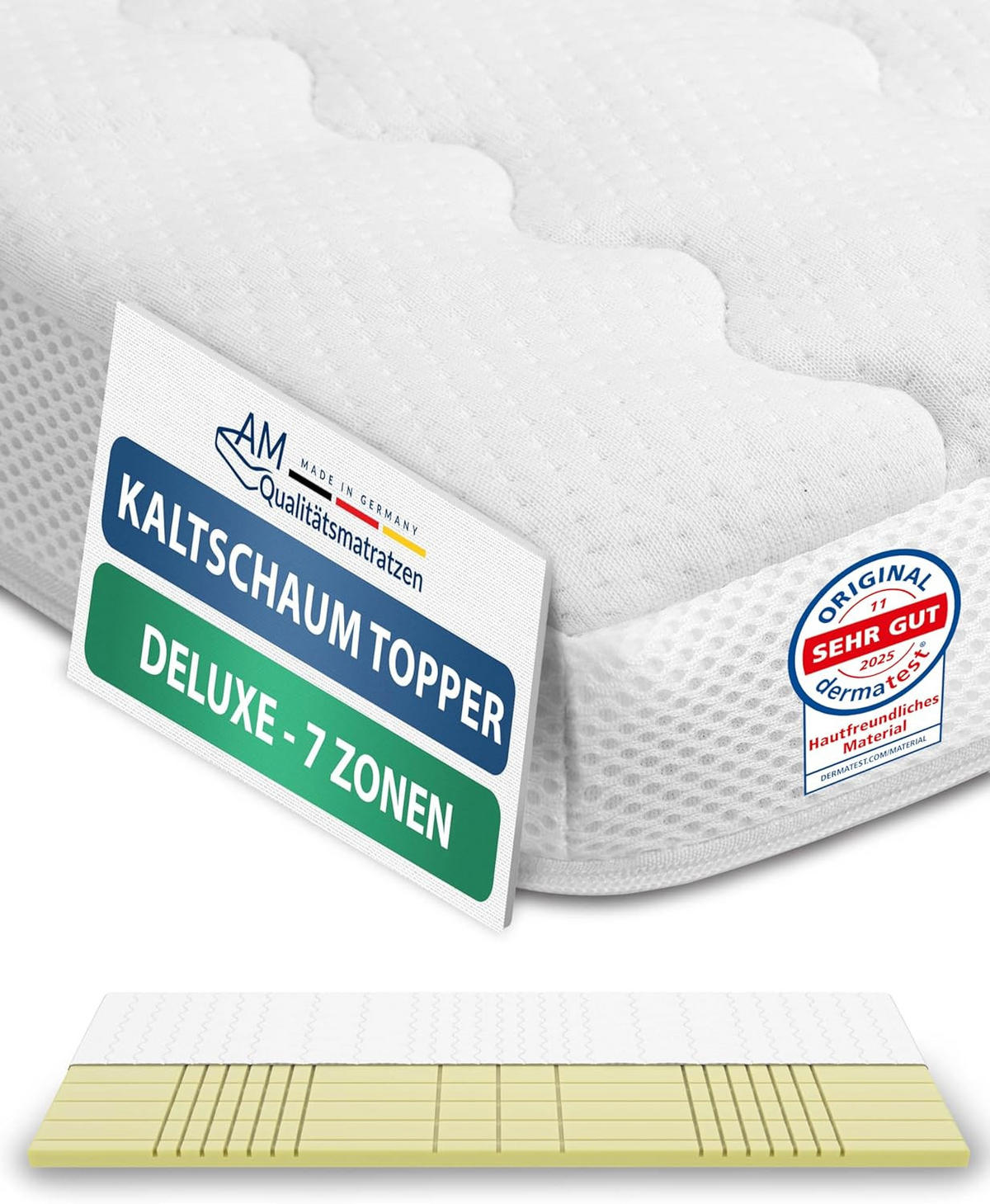 VRCHNÍ deka ze studené pěny, 7 zón, 90/200 cm - výška 8 cm a potah Tencel - bílá, textil (90/200cm) - AM Qualitätsmatratzen