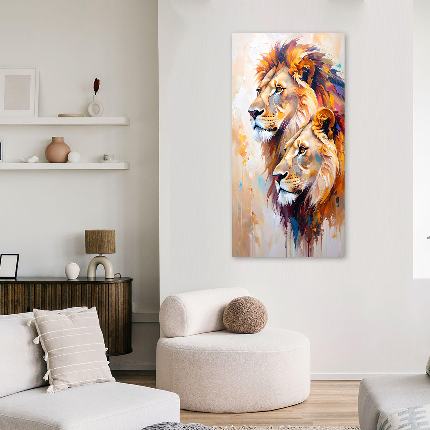 LEINWANDBILD Löwenpaar Tiere gemalt 40x80cm - Beige, Textil (40/80cm) - Feeby