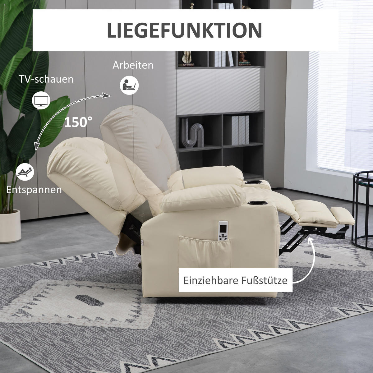 FERNSEHSESSEL mit Aufstehhilfe, Cremeweiß - Creme/Schwarz, Kunststoff (98/102/90cm) - HOMCOM