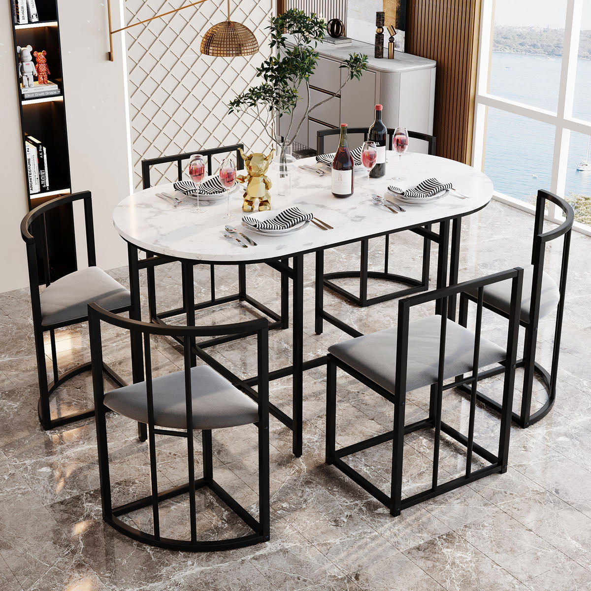 ESSGRUPPE Esstisch 6 Stühle Weiß Grau Schwarz - Schwarz, Holzwerkstoff (140/76/80cm) - FLIEKS