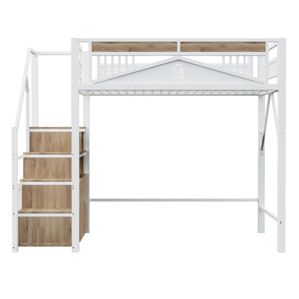 HOCHBETT 140/200 cm aus Metall und Holz mit Stauraumtreppe und Sicherheitszaun Weiß - Weiß, Metall (140/200cm) - Modenvie