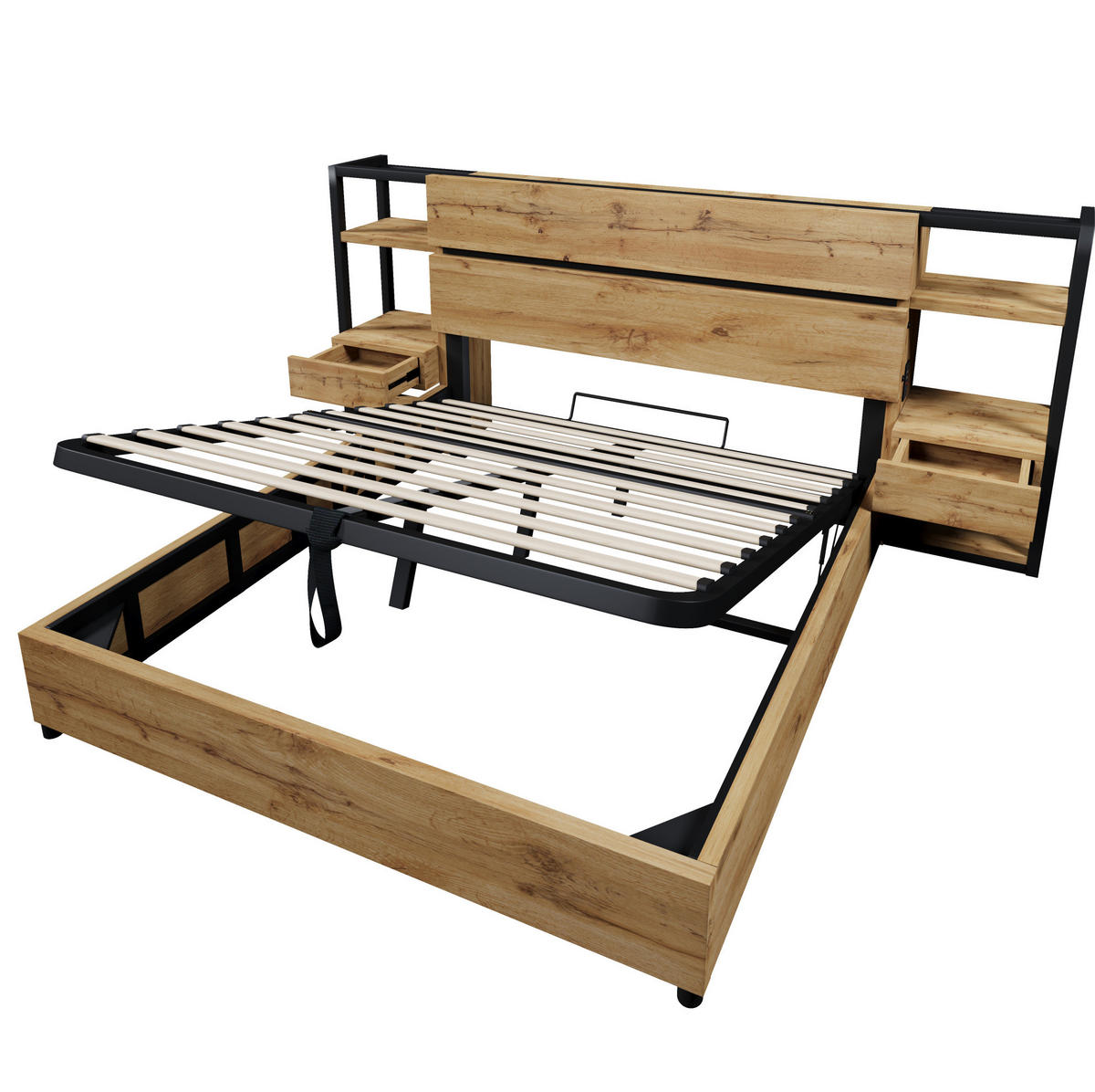 POSTEĽ 160/200 cm z MDF a kovu, dubová, s úložným priestorom a USB nabíjaním - farba duba, kompozitné drevo (160/200cm) - BEAOK