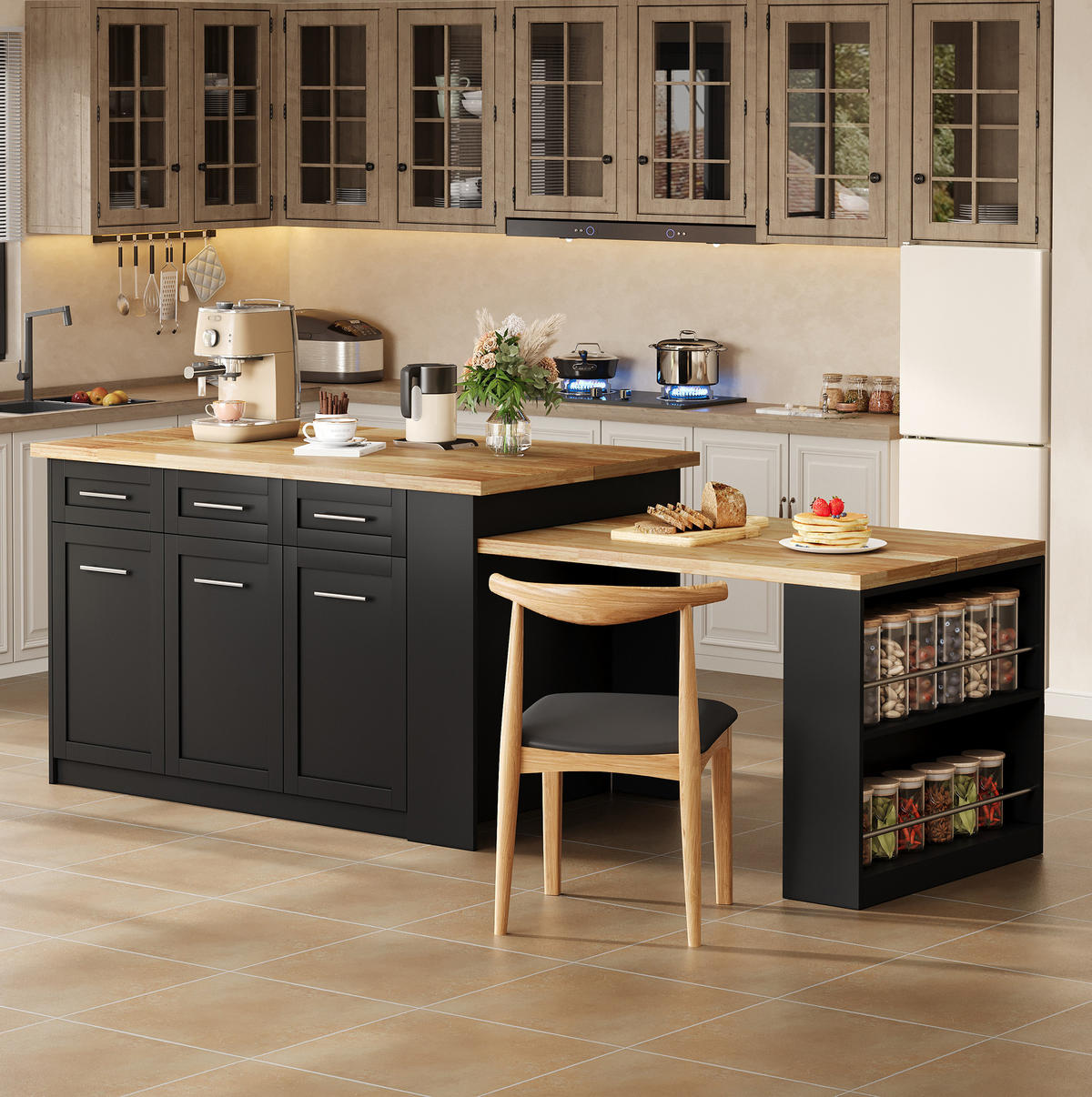 KÜCHENINSEL mit ausziehbarem Esstisch 150 x 90 x 90 cm MDF Natural and Black - Naturfarben, Holz (90/90/150cm) - Beauniv