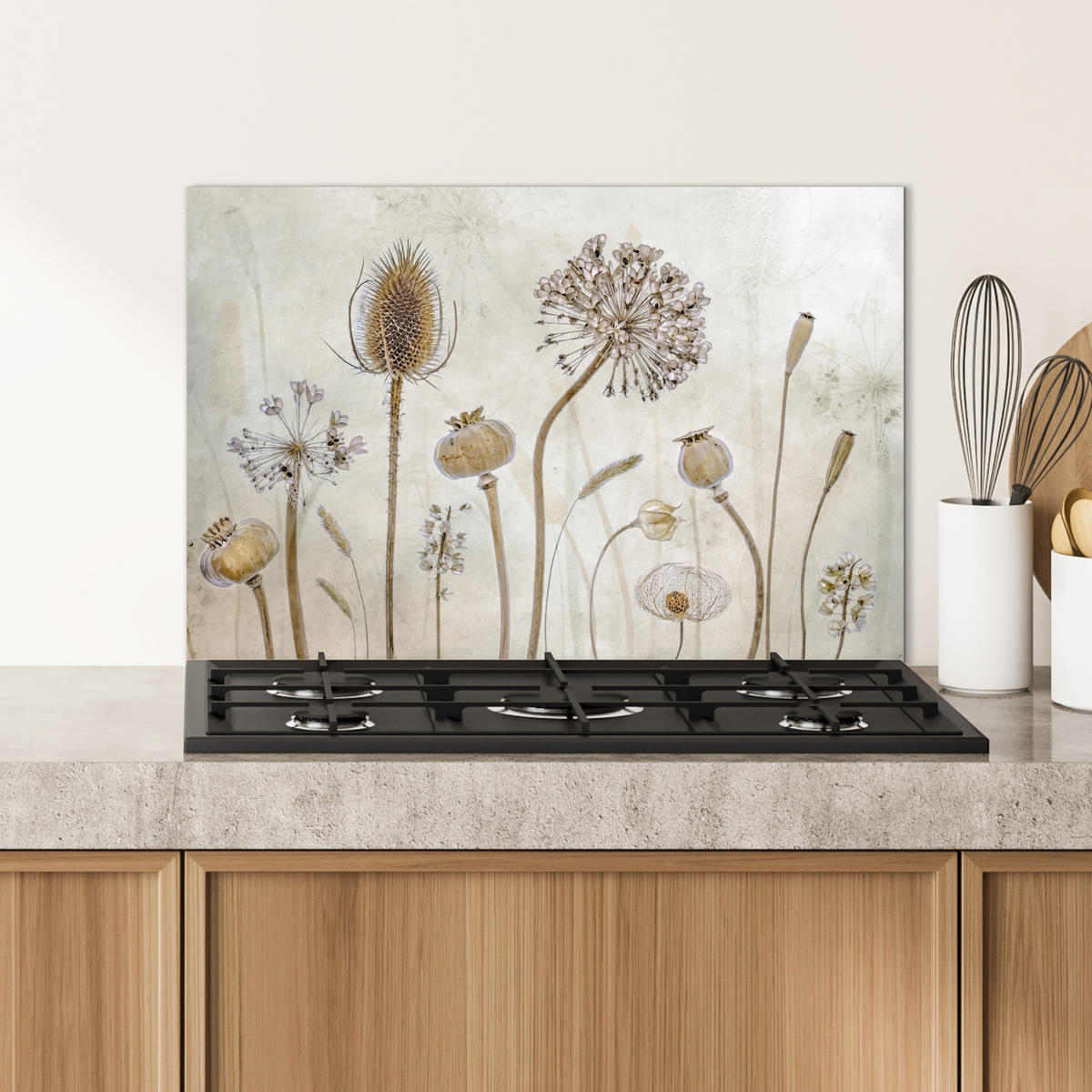 SPRITZSCHUTZ KÜCHE Blumen - Aquarell - Stilleben - Braun - Vintage 70x50 cm - Sandfarben, Metall (70/0.3/50cm) - MuchoWow