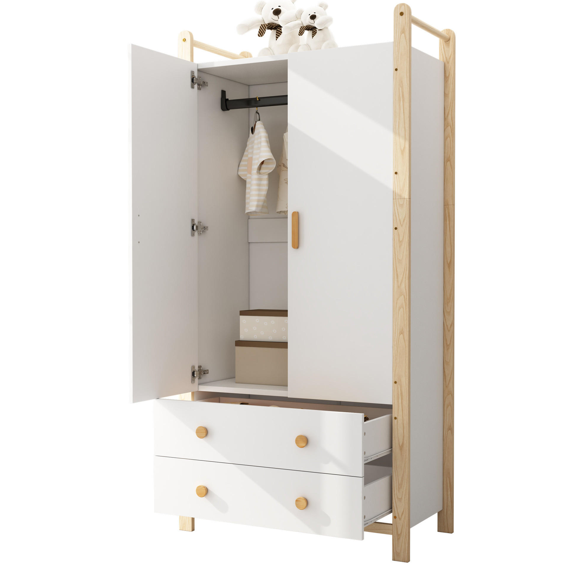 KLEIDERSCHRANK aus Kiefernholz und Spanplatte 89,6x44x180,5 cm Natur/Weiß mit Kleiderstange und 2 Schubladen - Naturfarben, Holzwerkstoff (90/180/45cm) - Modfu