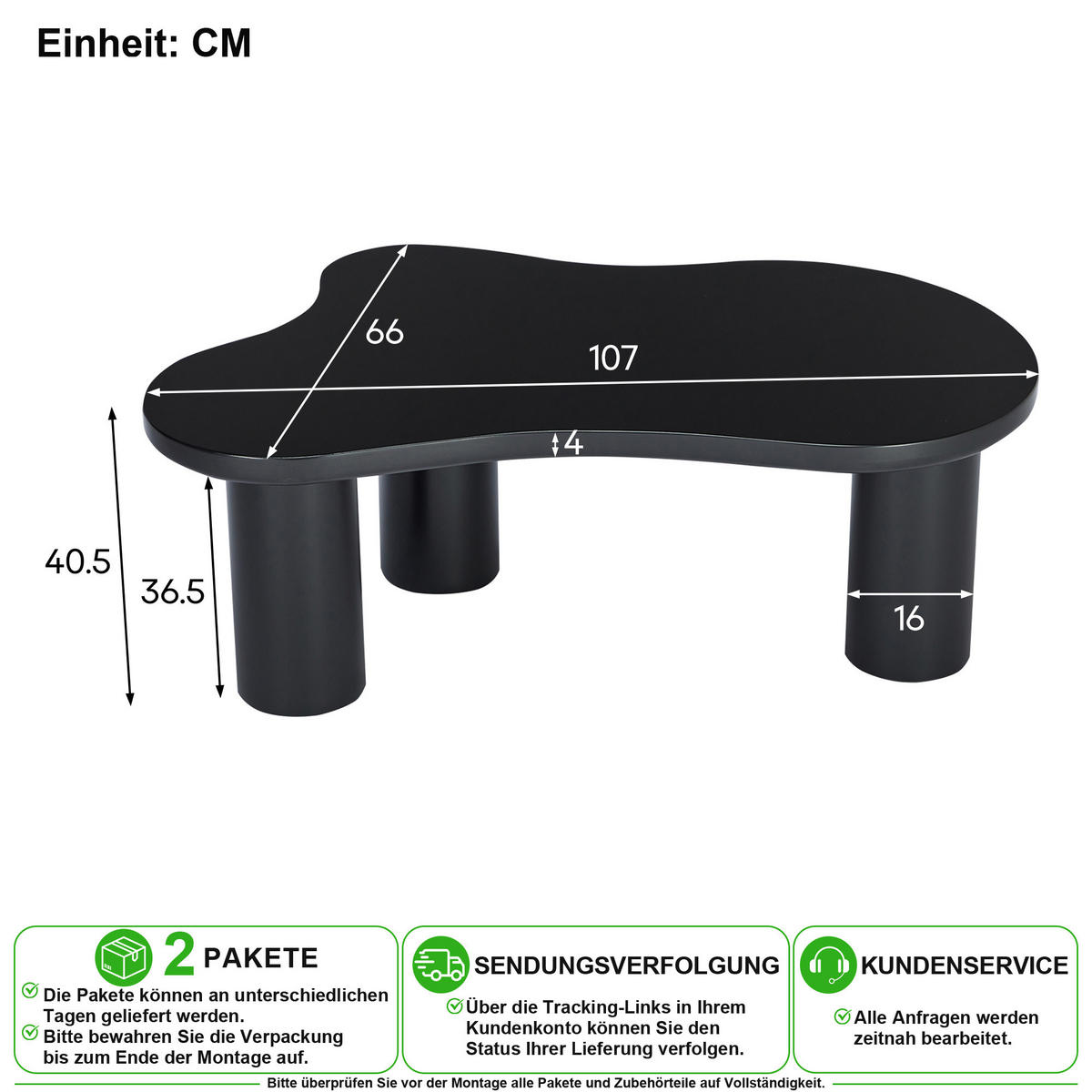 COUCHTISCH 107/66/40,5 cm in Schwarz aus MDF mit Wolkendesign und PVC-Beinen - Schwarz, Holzwerkstoff/Kunststoff (66/107/40.5cm) - CHICFURN