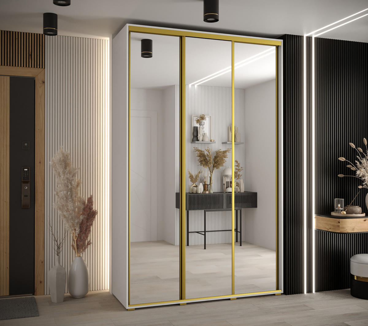 SCHWEBETÜRENSCHRANK 235,2/150/45 3-türig - Goldfarben/Weiß, Holz/Metall (150/235/45cm) - Abiks Möbel