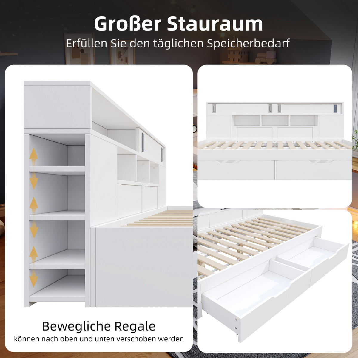 BETT aus MDF 140x200 cm Weiß mit 2 Schubladen, Regalen und Schiebetürschrank - Weiß, Holzwerkstoff (140/200cm) - Modfu