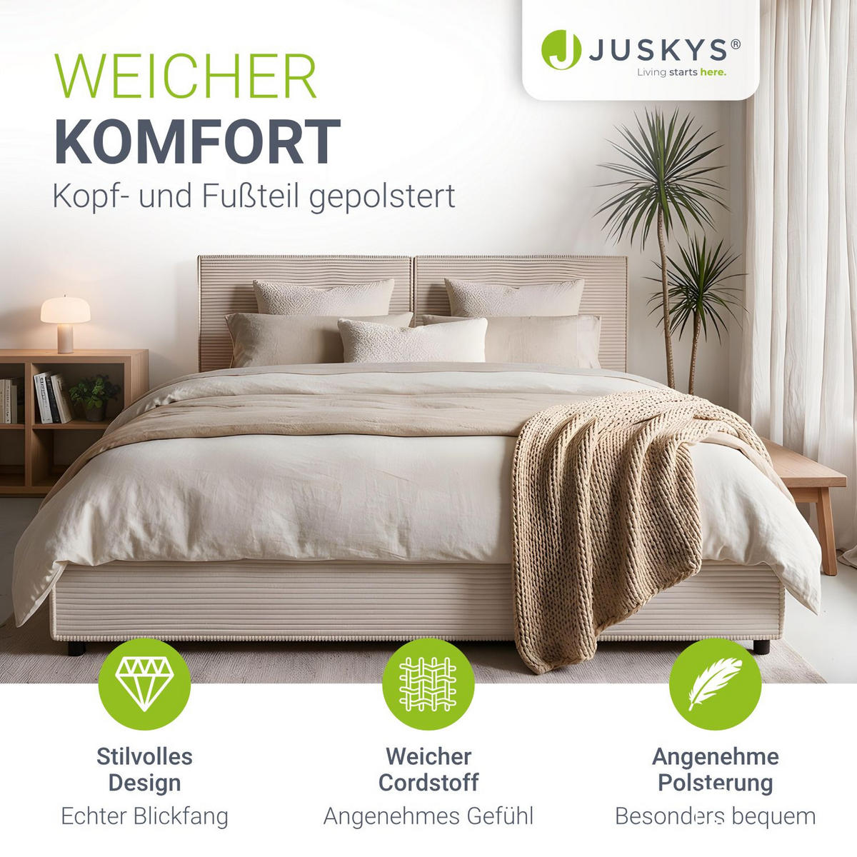 POLSTERBETT Salerno Cord beige 180x200 cm - Beige, Textil (180/200cm) - Juskys