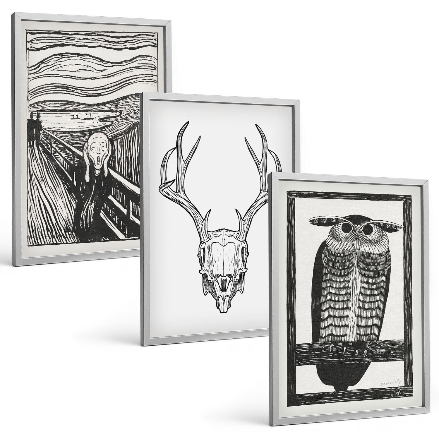 BILDER SET 3er Set - 40x60 cm Silberner Rahmen - Grafiken mit schreiendem Totenkopf-Eulen - Silberfarben, Kunststoff (40/60cm) - TULUP
