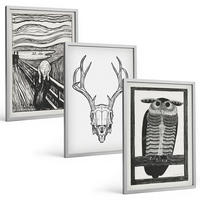 BILDER SET 3er Set - 40x60 cm Silberner Rahmen - Grafiken mit schreiendem Totenkopf-Eulen - Silberfarben, Kunststoff (40/60cm) - TULUP