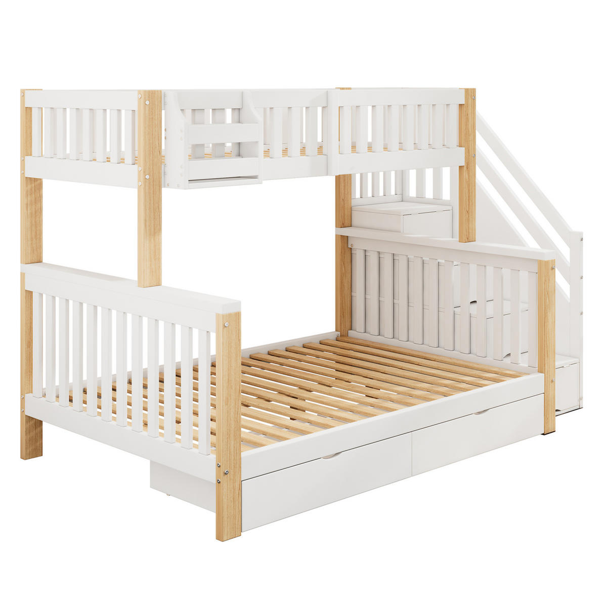 ETAGENBETT 90/200 cm aus Massivholz mit Treppenschrank, Schublade und Ablagekörben, Weiß/Natur - Weiß, Holzwerkstoff (90/200cm) - Redom