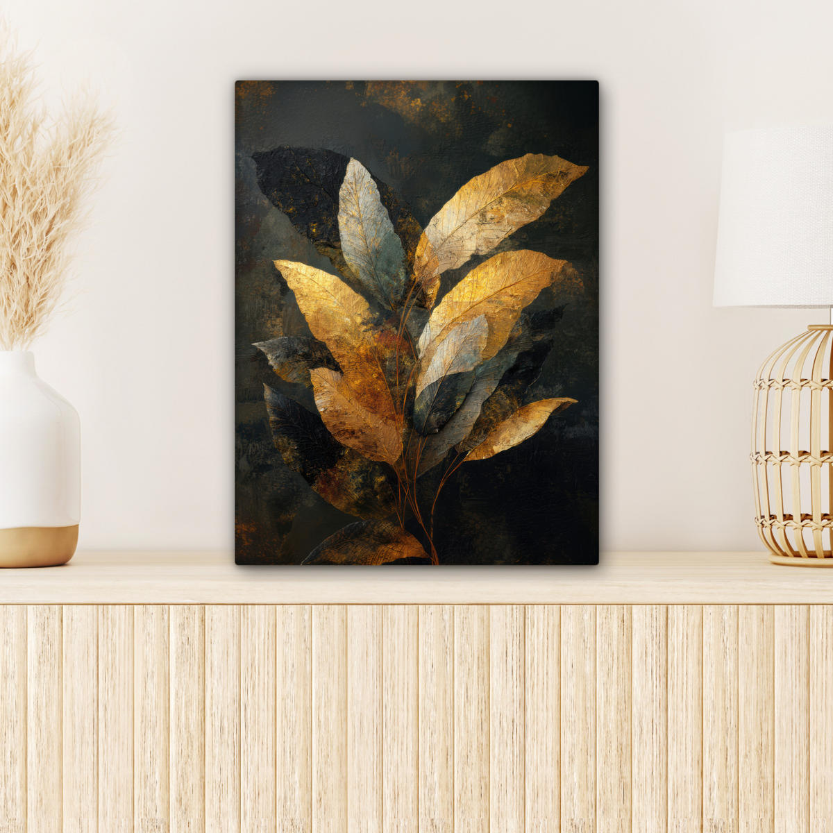 LEINWANDBILD Golden Leaf Komposition - Botanical Luxury Room Decor 30x40 cm - Goldfarben/Schwarz, Textil (30/40cm) - MuchoWow