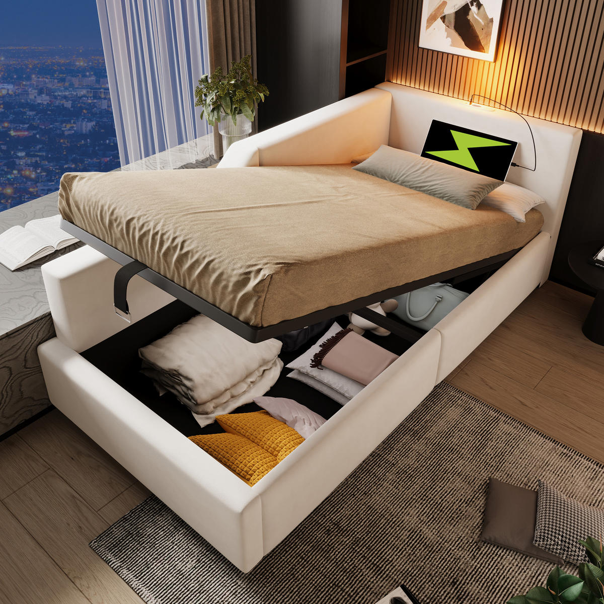 DAYBETT 90/200 cm Beige mit hydraulischem Stauraum und USB-Ladefunktion - Beige, Textil (90/200cm) - OKWISH