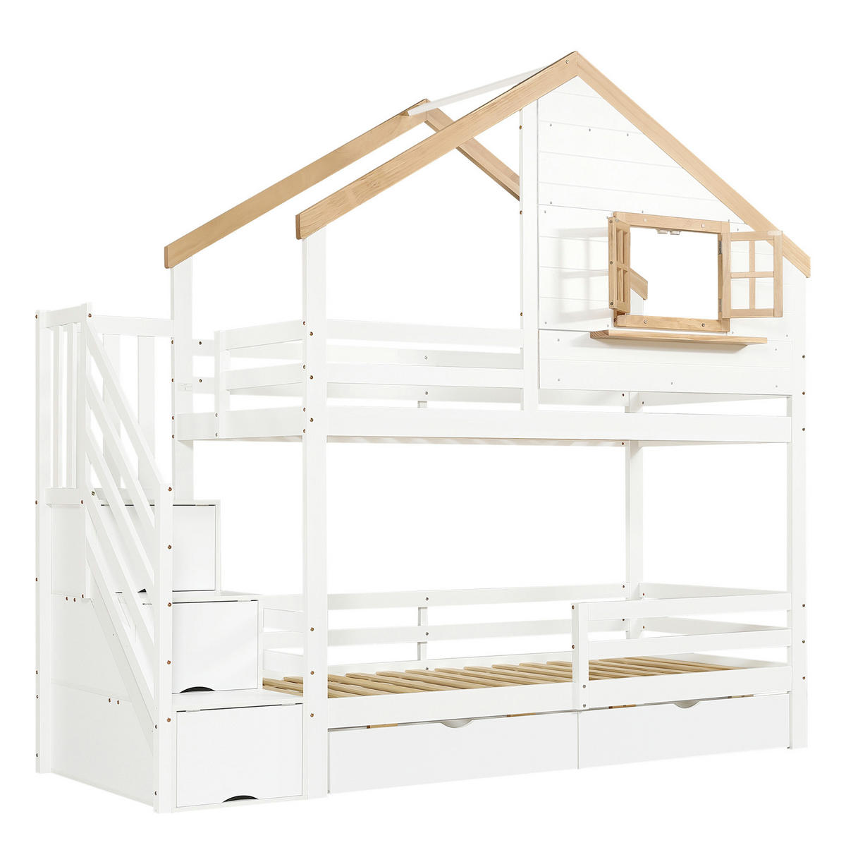 ETAGENBETT 90x200 cm in Weiß/Natur mit Stauraumtreppe und Schubladen - Weiß, Holz (90/200cm) - IVMEU