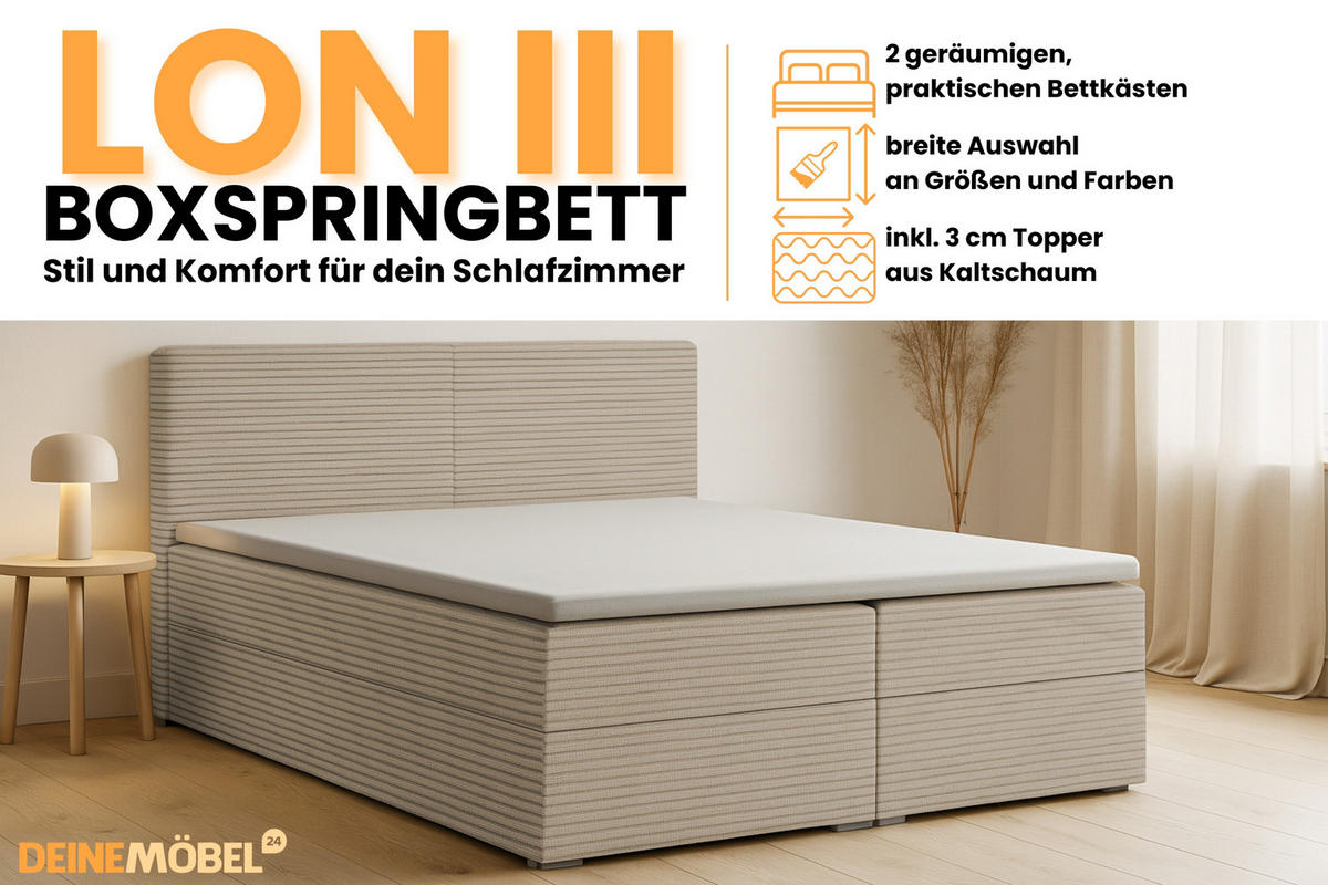 BOXBETT LON III 200/200 in Cord Beige H3 - Beige, Holz/Holzwerkstoff (200/200cm) - Deine Möbel 24